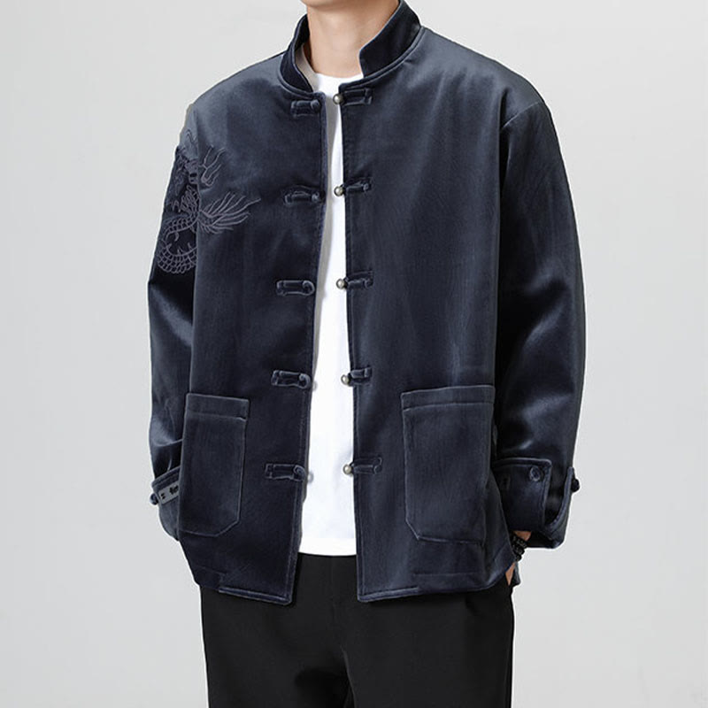 Veste en coton décontractée à boutons de grenouille pour homme avec broderie de dragon et Buddha Stones - Bleu nuit - US/UK/AU46，EU56 (5XL) - image 26