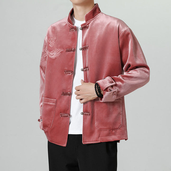 Veste en coton décontractée à boutons de grenouille pour homme avec broderie de dragon et Buddha Stones - image 4