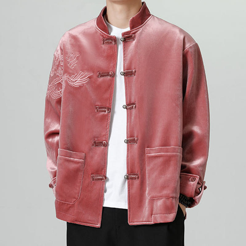 Veste en coton décontractée à boutons de grenouille pour homme avec broderie de dragon et Buddha Stones - FireBrick - US/UK/AU46，EU56 (5XL) - image 0