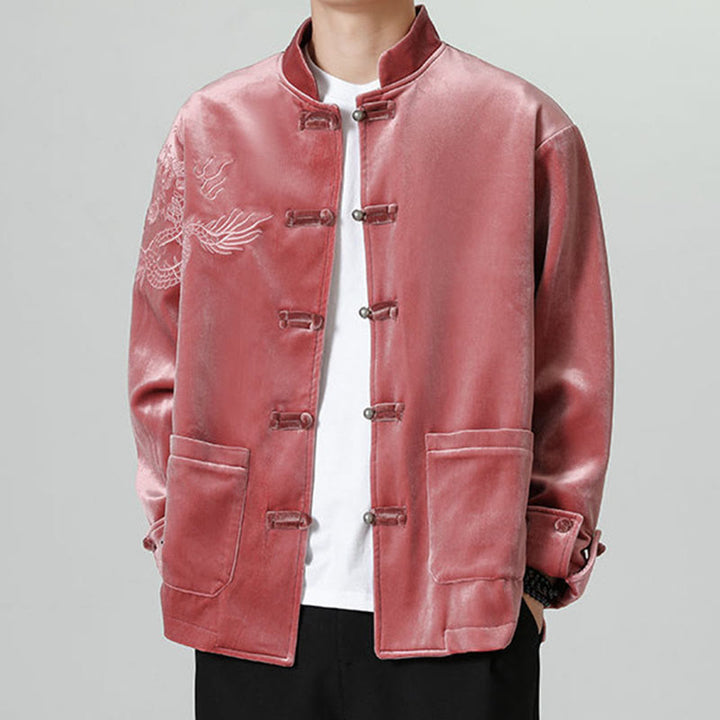 Veste en coton décontractée à boutons de grenouille pour homme avec broderie de dragon et Buddha Stones - FireBrick - US/UK/AU46，EU56 (5XL) - image 0