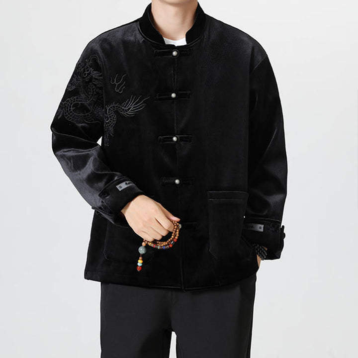 Veste en coton décontractée à boutons de grenouille pour homme avec broderie de dragon et Buddha Stones - image 23