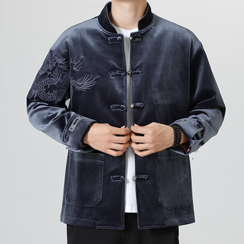 Veste en coton décontractée à boutons de grenouille pour homme avec broderie de dragon et Buddha Stones - image 28