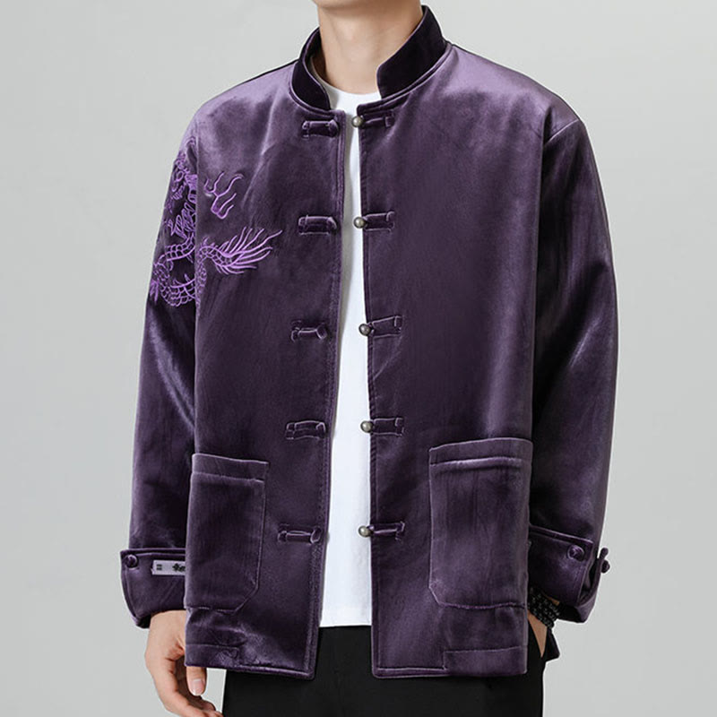 Veste en coton décontractée à boutons de grenouille pour homme avec broderie de dragon et Buddha Stones - Indigo - US/UK/AU46，EU56 (5XL) - image 31