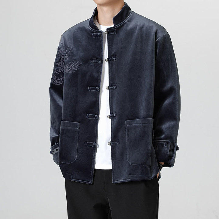Veste en coton décontractée à boutons de grenouille pour homme avec broderie de dragon et Buddha Stones - image 27