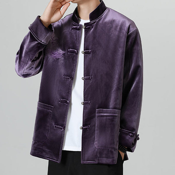 Veste en coton décontractée à boutons de grenouille pour homme avec broderie de dragon et Buddha Stones - image 36