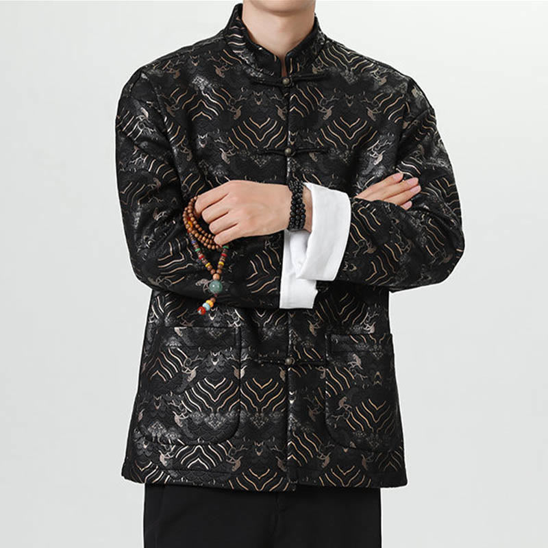 Chemise longue en forme de vague pour homme, costume chinois Tang avec boutons en cuivre et Buddha Stones - image 2
