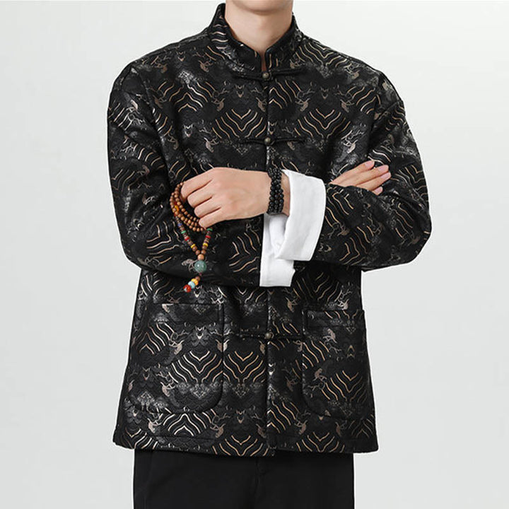Chemise longue en forme de vague pour homme, costume chinois Tang avec boutons en cuivre et Buddha Stones - image 2