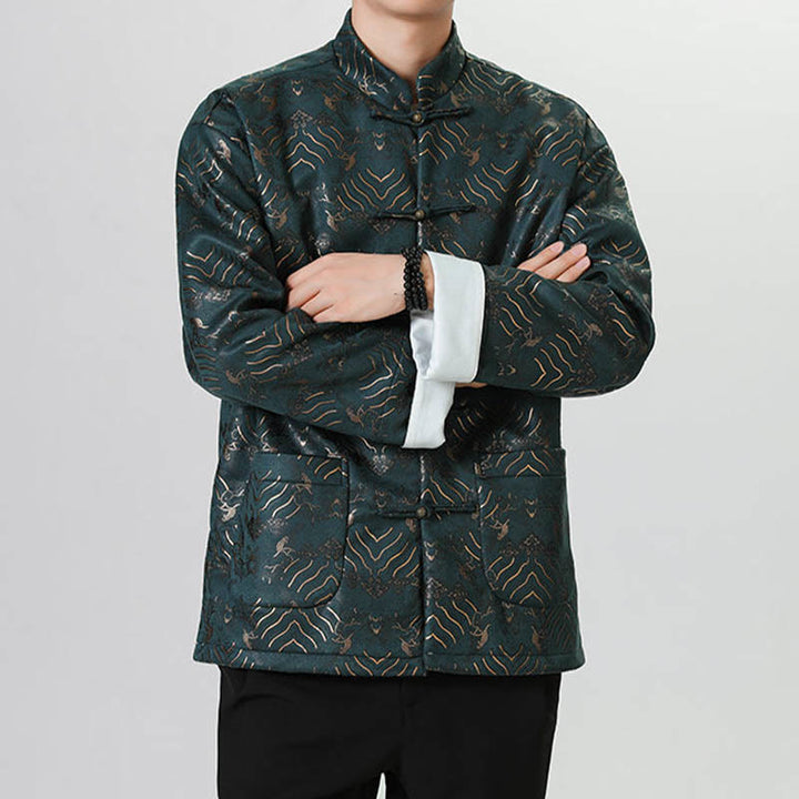 Chemise longue en forme de vague pour homme, costume chinois Tang avec boutons en cuivre et Buddha Stones - image 15