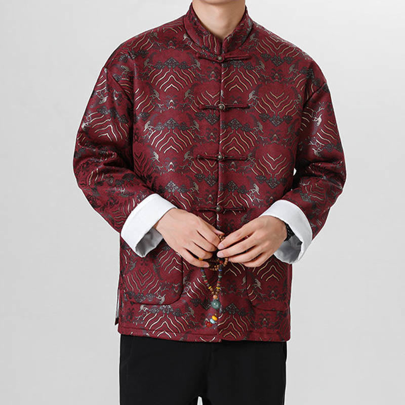 Chemise longue en forme de vague pour homme, costume chinois Tang avec boutons en cuivre et Buddha Stones - image 7