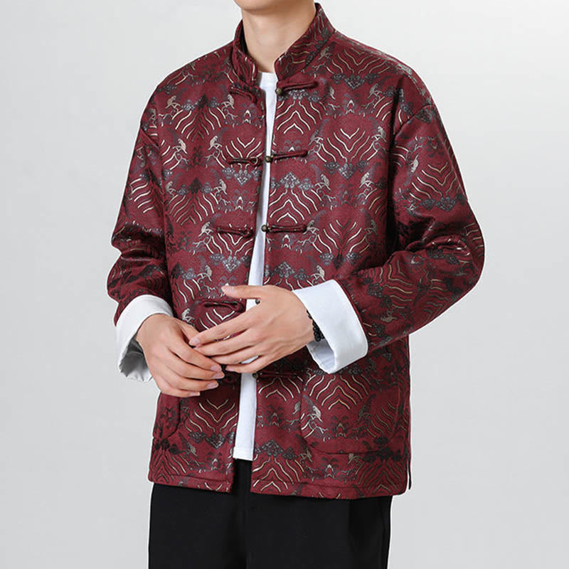 Chemise longue en forme de vague pour homme, costume chinois Tang avec boutons en cuivre et Buddha Stones - image 8