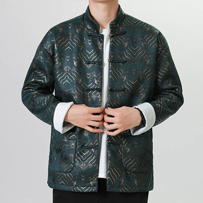 Chemise longue en forme de vague pour homme, costume chinois Tang avec boutons en cuivre et Buddha Stones - image 18