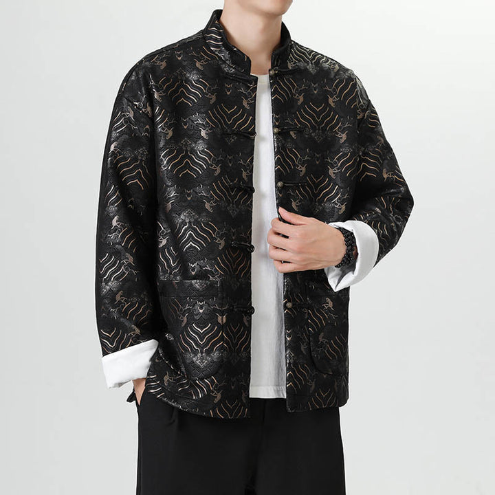 Chemise longue en forme de vague pour homme, costume chinois Tang avec boutons en cuivre et Buddha Stones - image 3