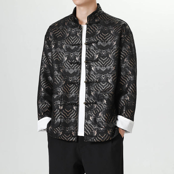 Chemise longue en forme de vague pour homme, costume chinois Tang avec boutons en cuivre et Buddha Stones - Noir - US/UK/AU46，EU56 (5XL) - image 0