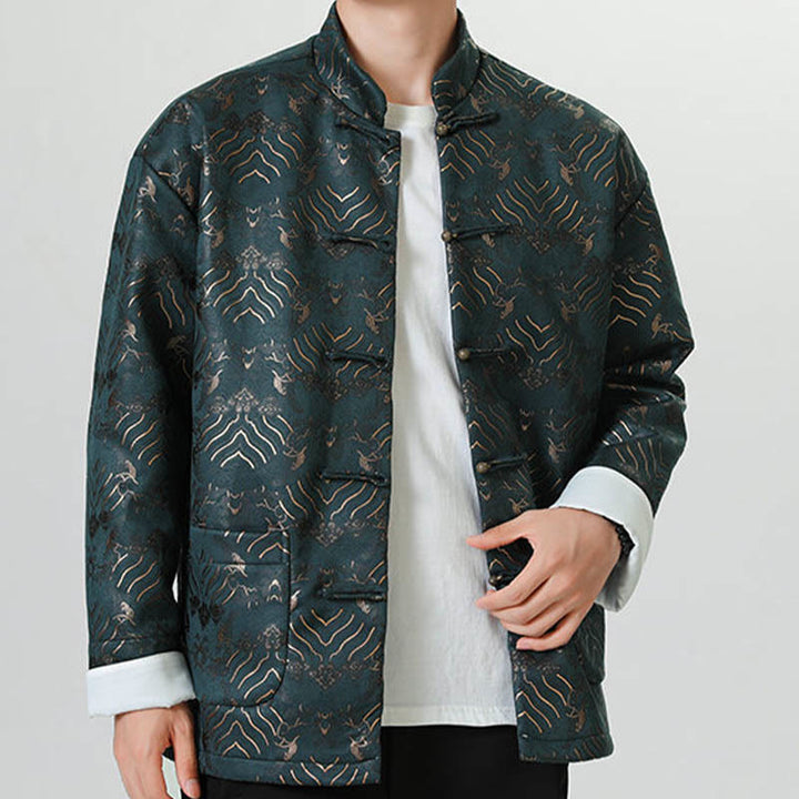 Chemise longue en forme de vague pour homme, costume chinois Tang avec boutons en cuivre et Buddha Stones - image 15