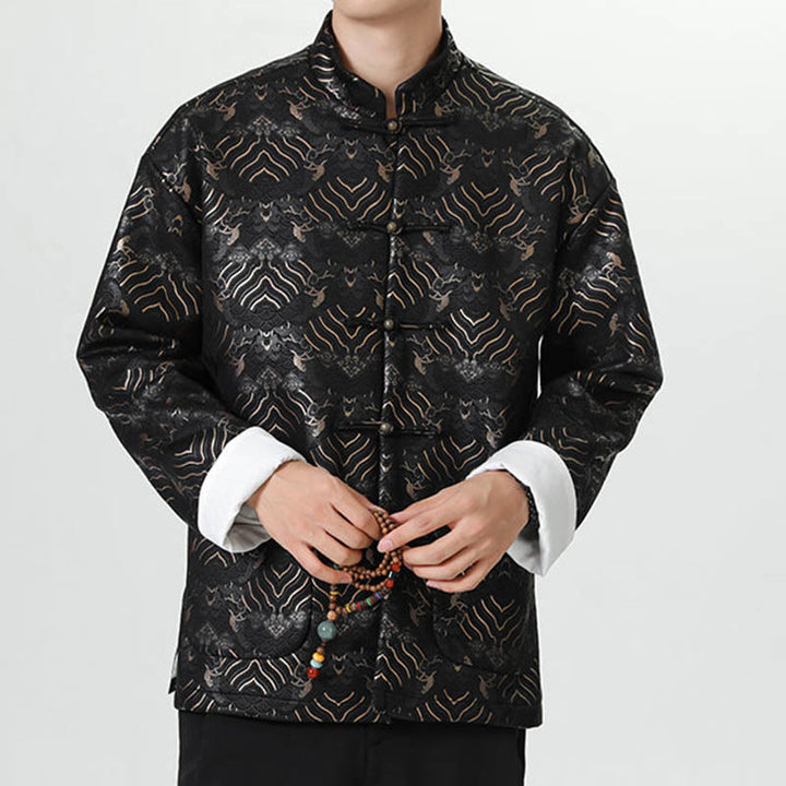 Chemise longue en forme de vague pour homme, costume chinois Tang avec boutons en cuivre et Buddha Stones - image 4