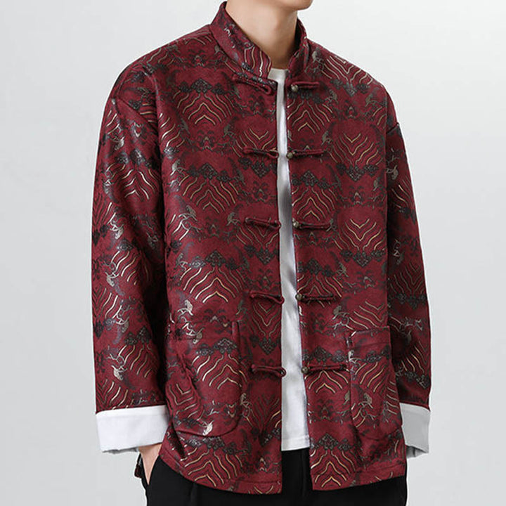 Chemise longue en forme de vague pour homme, costume chinois Tang avec boutons en cuivre et Buddha Stones - image 11