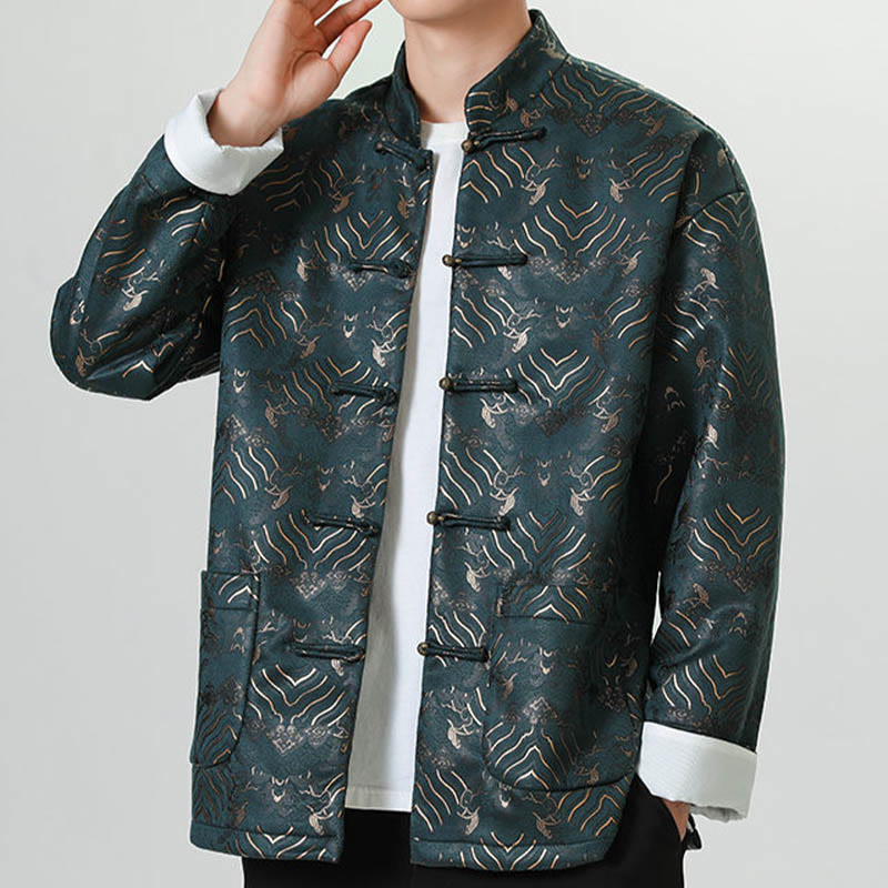 Chemise longue en forme de vague pour homme, costume chinois Tang avec boutons en cuivre et Buddha Stones - Sarcelle - US/UK/AU46，EU56 (5XL) - image 12