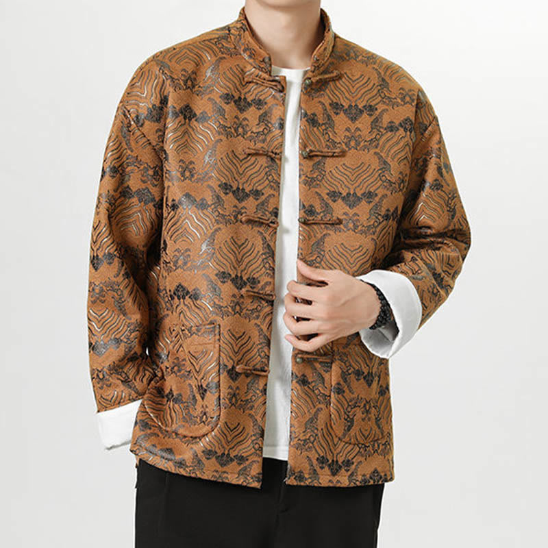 Chemise longue en forme de vague pour homme, costume chinois Tang avec boutons en cuivre et Buddha Stones - Pérou - US/UK/AU46，EU56 (5XL) - image 19