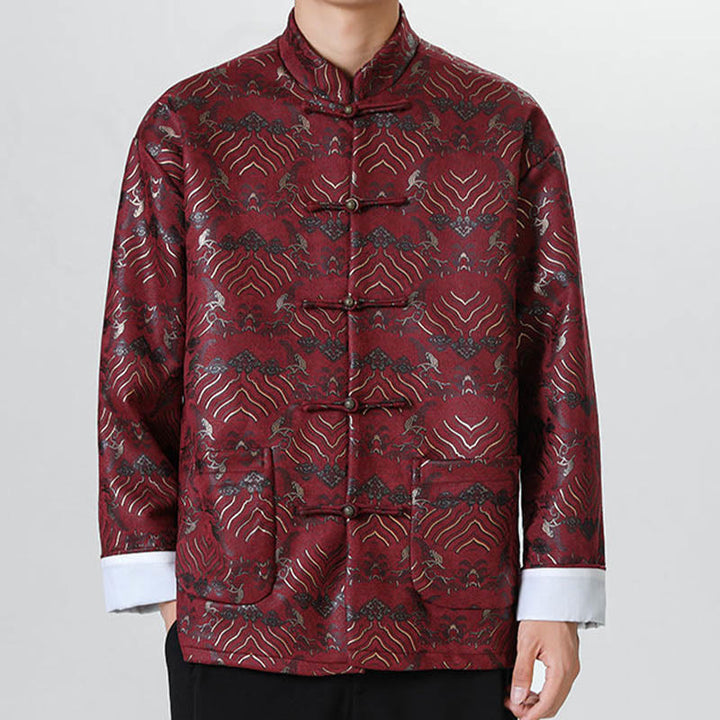 Chemise longue en forme de vague pour homme, costume chinois Tang avec boutons en cuivre et Buddha Stones - image 11