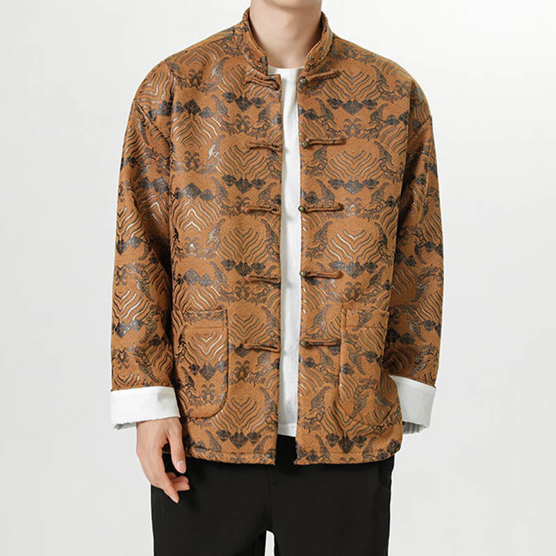 Chemise longue en forme de vague pour homme, costume chinois Tang avec boutons en cuivre et Buddha Stones - image 21