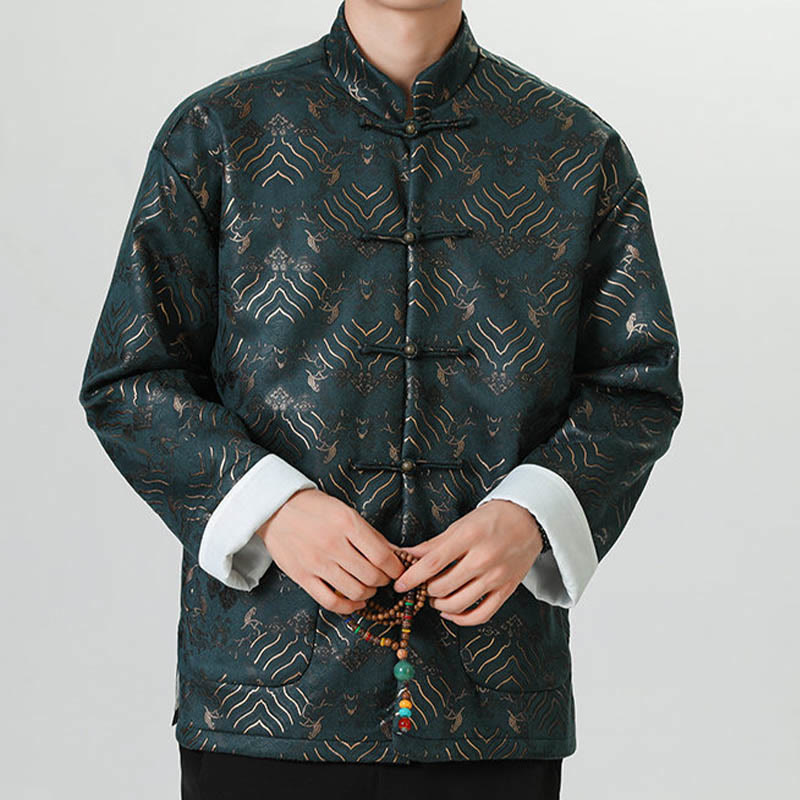 Chemise longue en forme de vague pour homme, costume chinois Tang avec boutons en cuivre et Buddha Stones - image 13