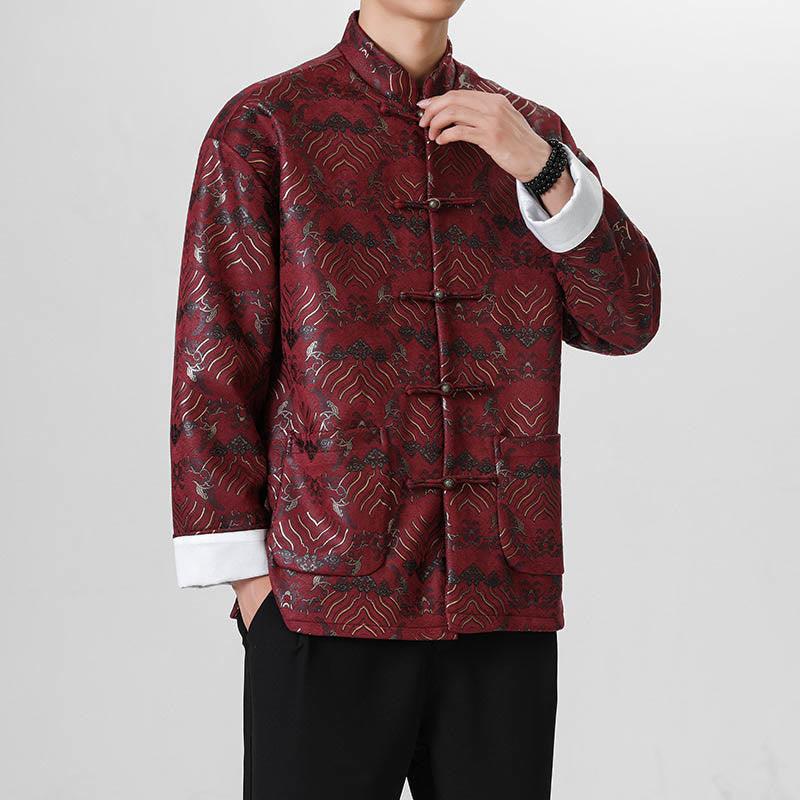 Chemise longue en forme de vague pour homme, costume chinois Tang avec boutons en cuivre et Buddha Stones - Rouge foncé - US/UK/AU46，EU56 (5XL) - image 6