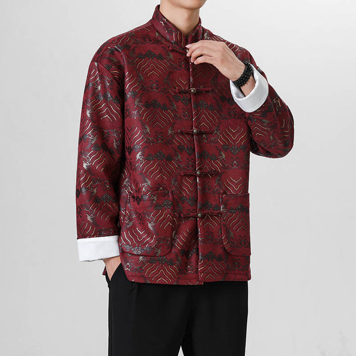 Chemise longue en forme de vague pour homme, costume chinois Tang avec boutons en cuivre et Buddha Stones - Rouge foncé - US/UK/AU46，EU56 (5XL) - image 6