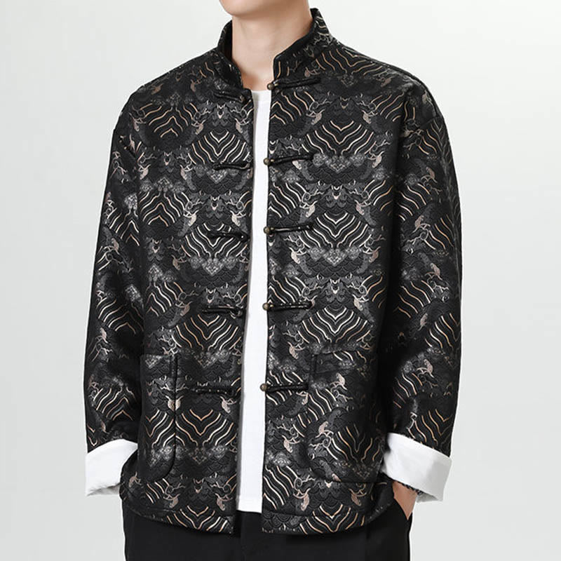 Chemise longue en forme de vague pour homme, costume chinois Tang avec boutons en cuivre et Buddha Stones - image 4