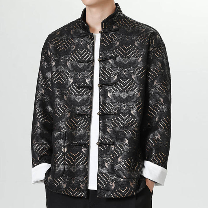 Chemise longue en forme de vague pour homme, costume chinois Tang avec boutons en cuivre et Buddha Stones - image 4