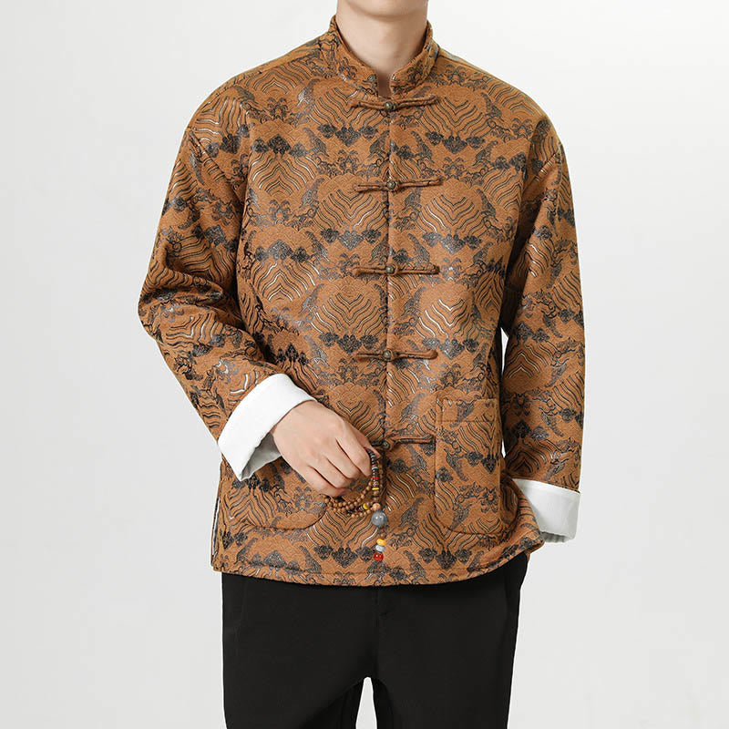 Chemise longue en forme de vague pour homme, costume chinois Tang avec boutons en cuivre et Buddha Stones - image 23