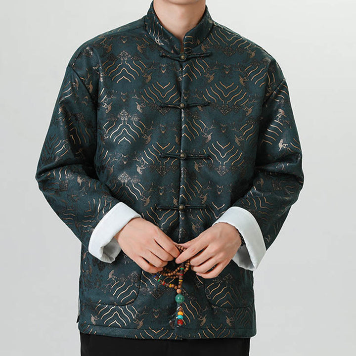 Chemise longue en forme de vague pour homme, costume chinois Tang avec boutons en cuivre et Buddha Stones - image 14
