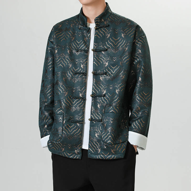 Chemise longue en forme de vague pour homme, costume chinois Tang avec boutons en cuivre et Buddha Stones - image 17