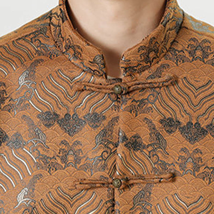 Chemise longue en forme de vague pour homme, costume chinois Tang avec boutons en cuivre et Buddha Stones - image 26