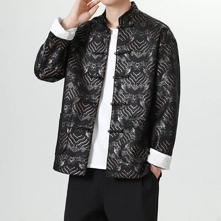 Chemise longue en forme de vague pour homme, costume chinois Tang avec boutons en cuivre et Buddha Stones - image 5