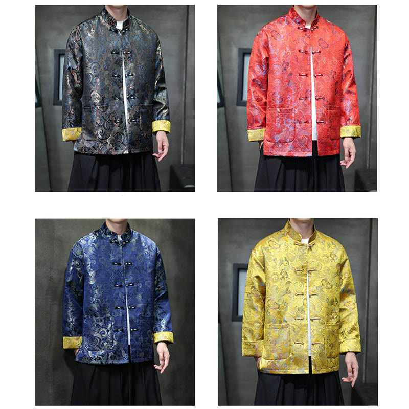 Costume Tang chinois à boutons de grenouille Buddha Stones, chemise longue à col montant, veste pour hommes - image 32