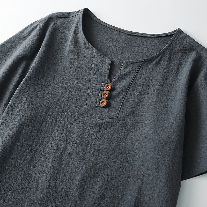 T-shirt pour homme Buddha Stones, couleur unie, manches courtes, col en V à trois boutons, chemise en coton doux - image 3