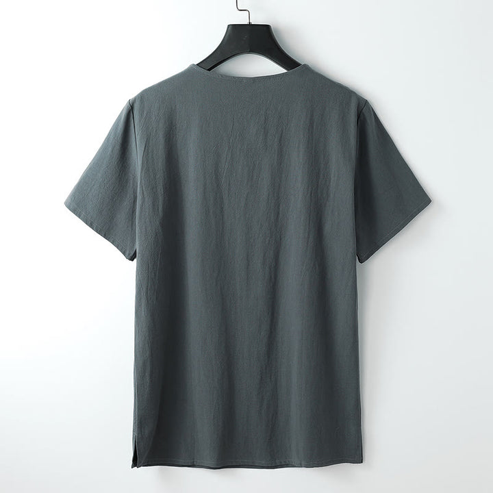 T-shirt pour homme Buddha Stones, couleur unie, manches courtes, col en V à trois boutons, chemise en coton doux - image 1