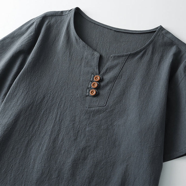 T-shirt pour homme Buddha Stones, couleur unie, manches courtes, col en V à trois boutons, chemise en coton doux