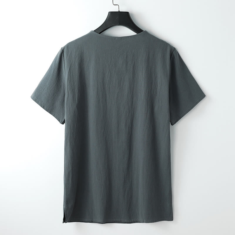 T-shirt pour homme Buddha Stones, couleur unie, manches courtes, col en V à trois boutons, chemise en coton doux
