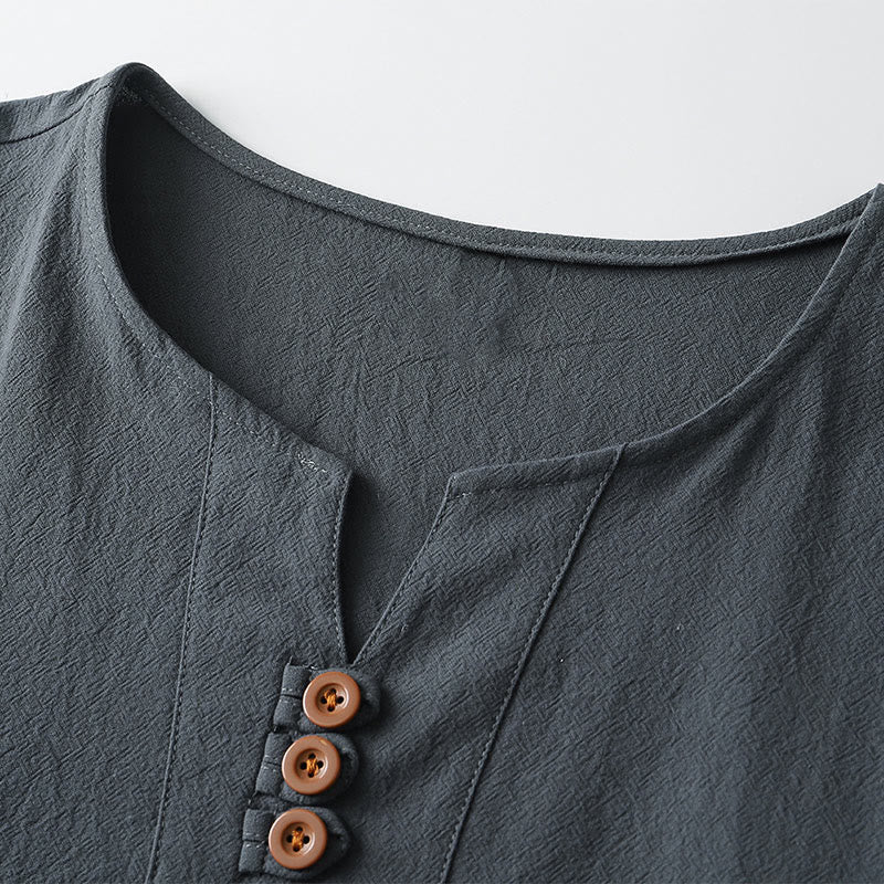 T-shirt pour homme Buddha Stones, couleur unie, manches courtes, col en V à trois boutons, chemise en coton doux