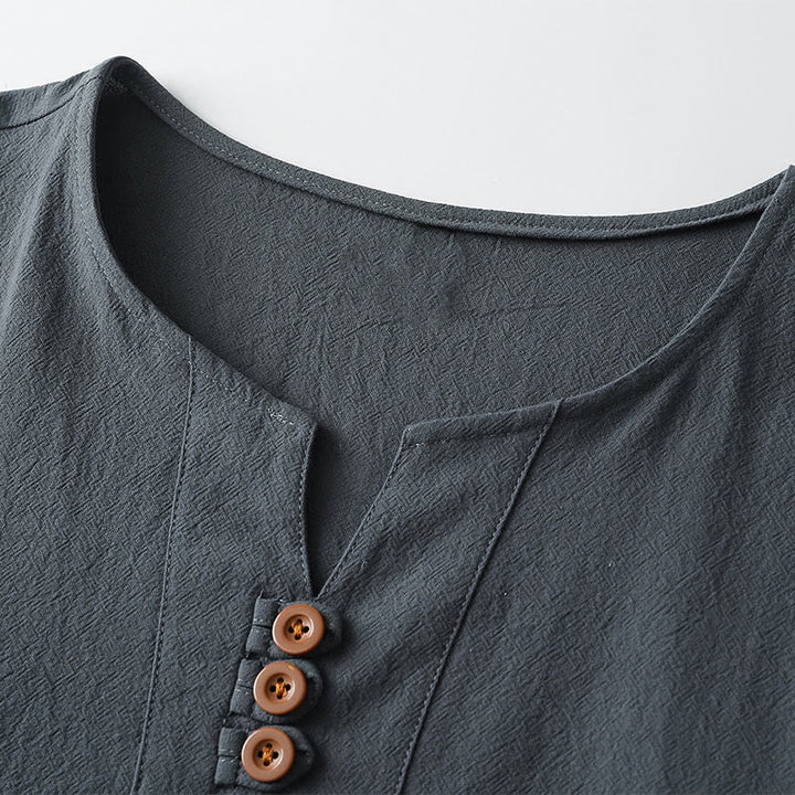 T-shirt pour homme Buddha Stones, couleur unie, manches courtes, col en V à trois boutons, chemise en coton doux