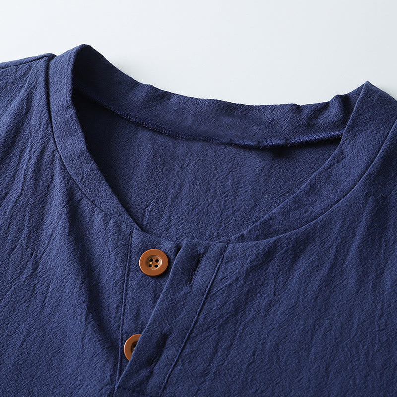 T-shirt ample pour homme Buddha Stones, couleur unie, manches courtes, col cranté, chemise en coton et lin doux - image 6