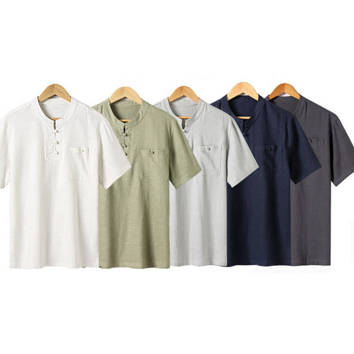 Chemise ample pour homme Buddha Stones, couleur unie, col cranté, manches courtes, confortable, bouton, chemise en coton et lin respirant - image 17