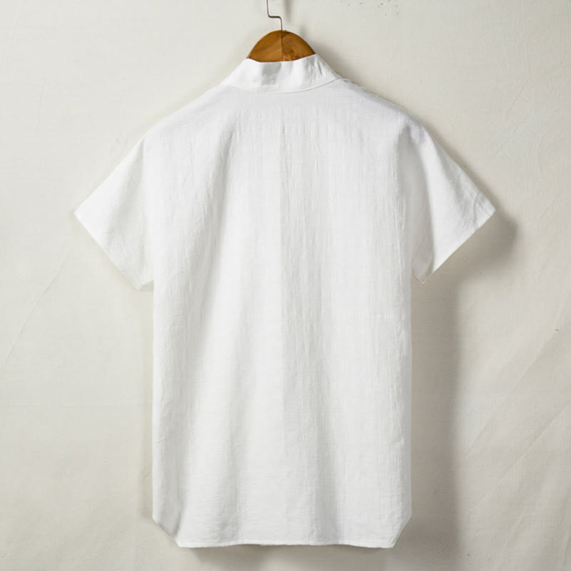 Chemise à manches courtes pour homme Buddha Stones avec poche et col en V, en coton et lin confortables. - image 3