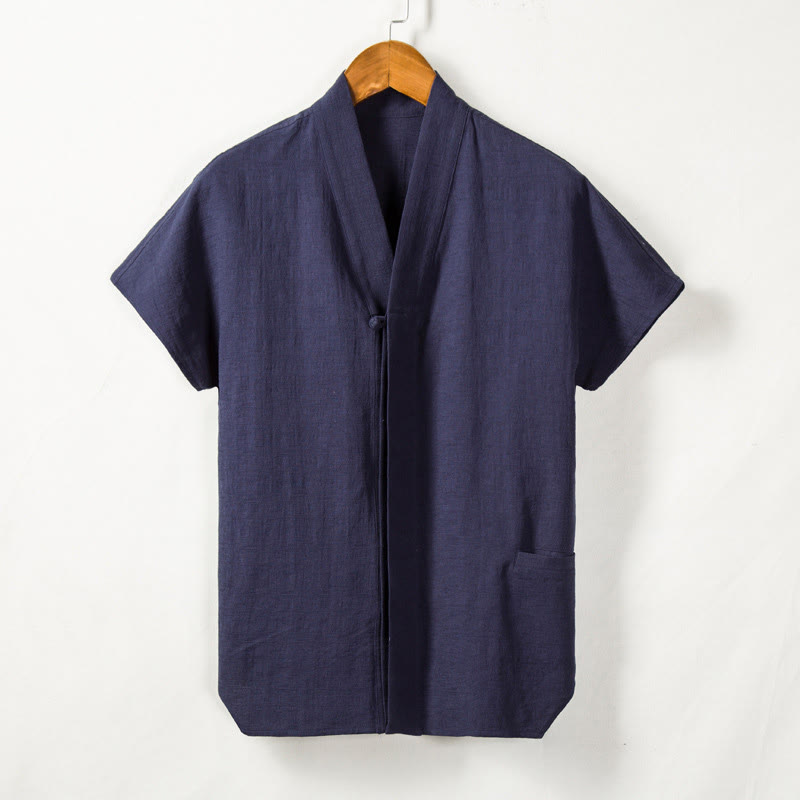 Chemise à manches courtes pour homme Buddha Stones avec poche et col en V, en coton et lin confortables. - Marine - US/UK/AU44，EU54 (4XL) - image 6