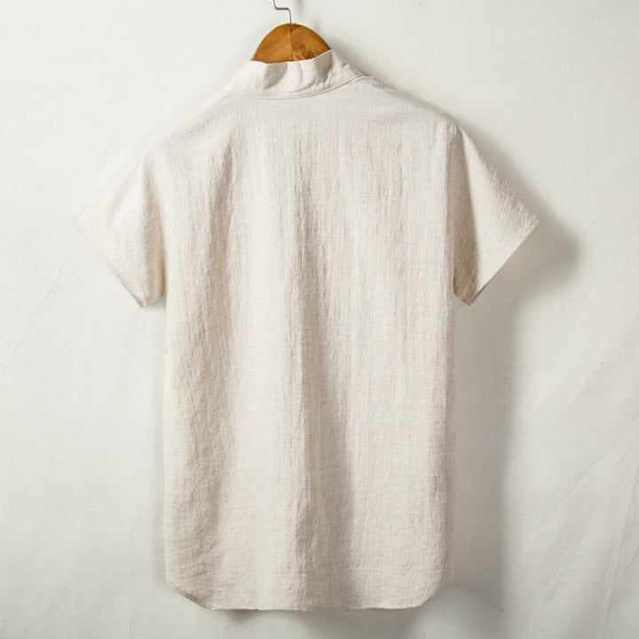 Chemise à manches courtes pour homme Buddha Stones avec poche et col en V, en coton et lin confortables. - image 1