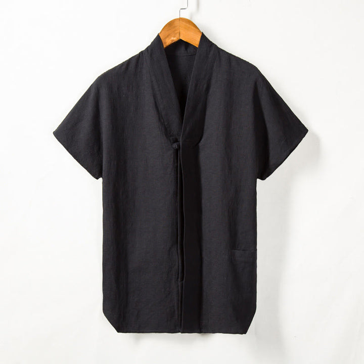 Chemise à manches courtes pour homme Buddha Stones avec poche et col en V, en coton et lin confortables. - Noir - US/UK/AU44，EU54 (4XL) - image 4