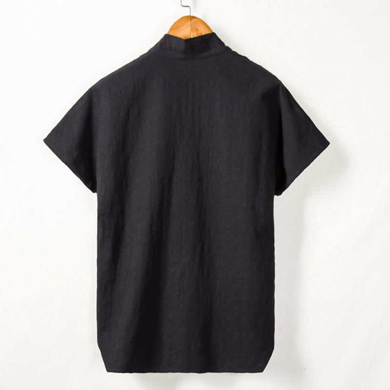 Chemise à manches courtes pour homme Buddha Stones avec poche et cardigan à col cranté Chemise confortable en coton et lin