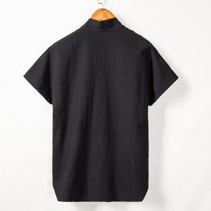Chemise à manches courtes pour homme Buddha Stones avec poche et cardigan à col cranté Chemise confortable en coton et lin