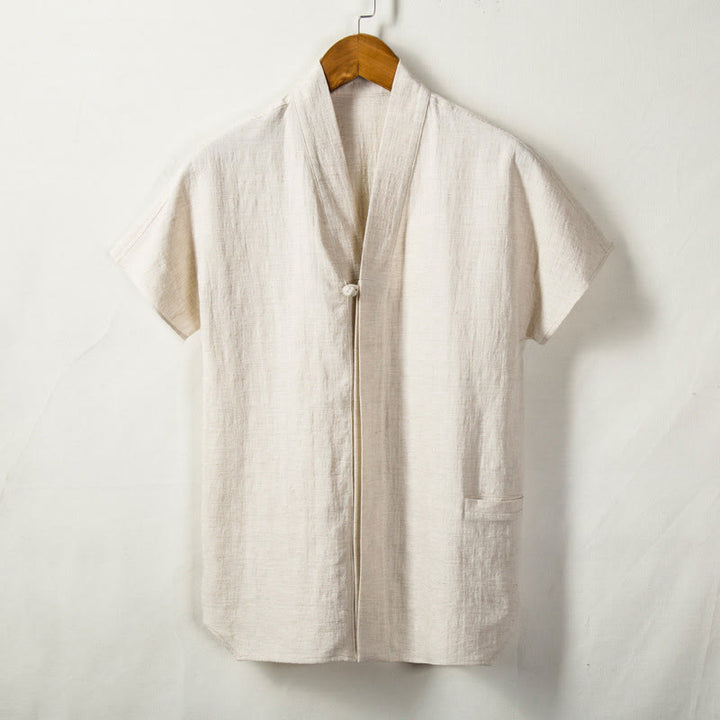 Chemise à manches courtes pour homme Buddha Stones avec poche et cardigan à col cranté Chemise confortable en coton et lin